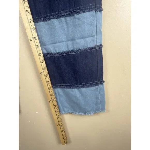 Jeans Women’s Blue Y2K Patchwork Size L High Rise Frayed Straight Leg Raw Hem - Picture 11 of 13